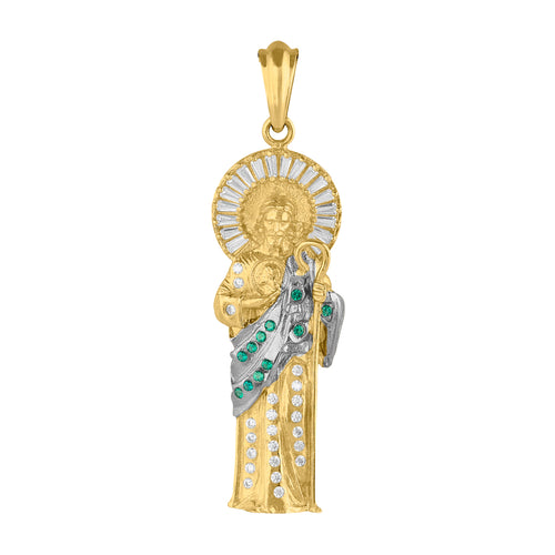 Dije san judas piedras verdes oro sólido 10k zirconias cortte baguette