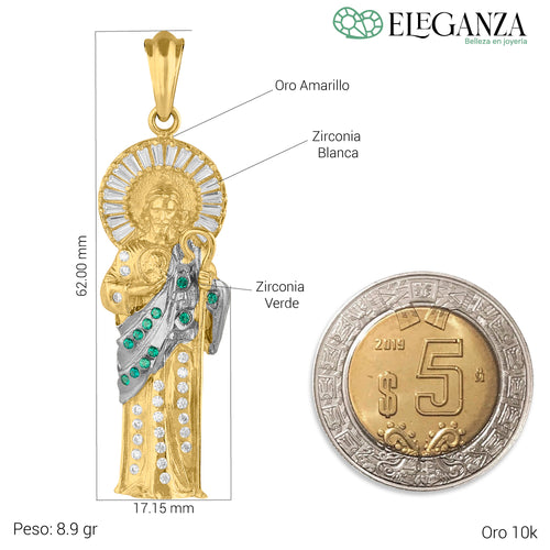 Dije san judas piedras verdes oro sólido 10k zirconias cortte baguette